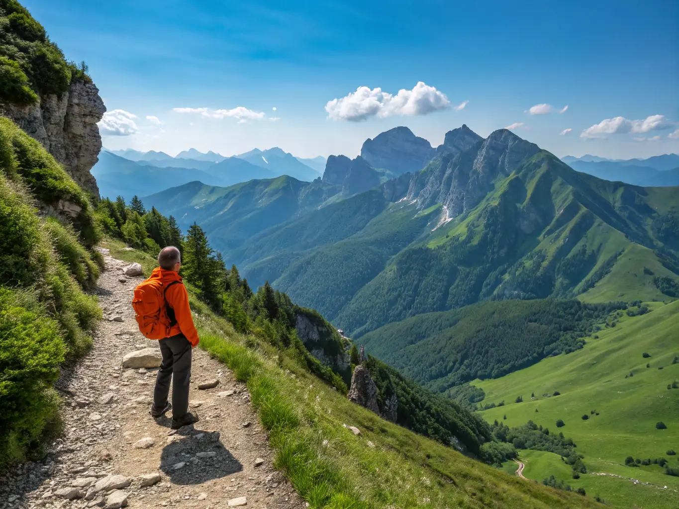A hiker standing on a mountain peak, overlooking a vast valley with forests and rivers. The image should capture the feeling of accomplishment and the beauty of nature.
