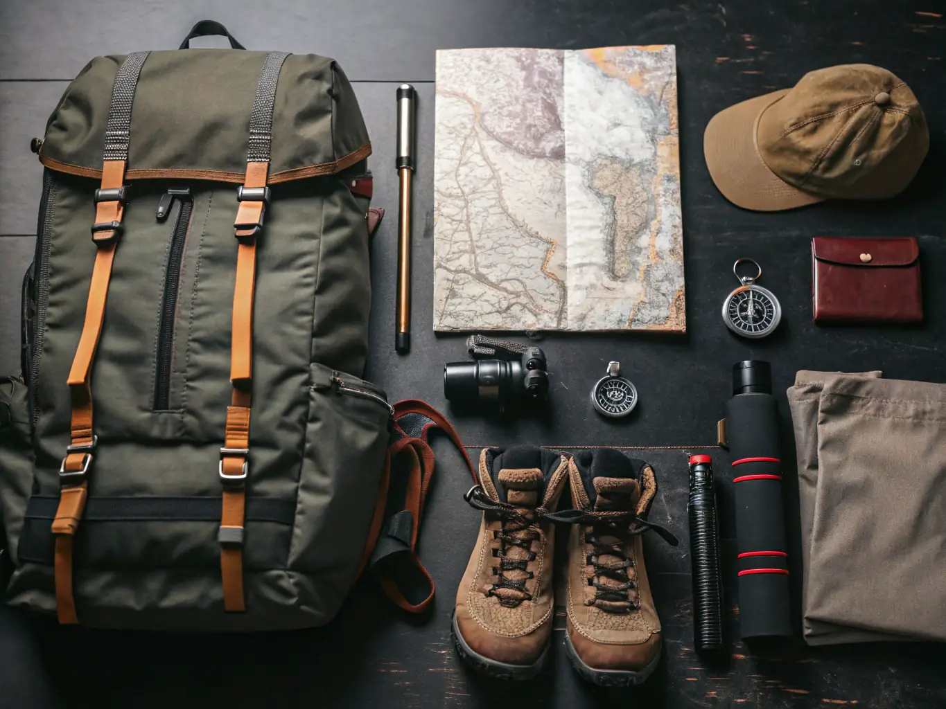 A close-up shot of specialized hiking equipment, such as ice axes, crampons, and ropes, arranged on a rock surface. The image should convey the technical aspects of advanced hiking.