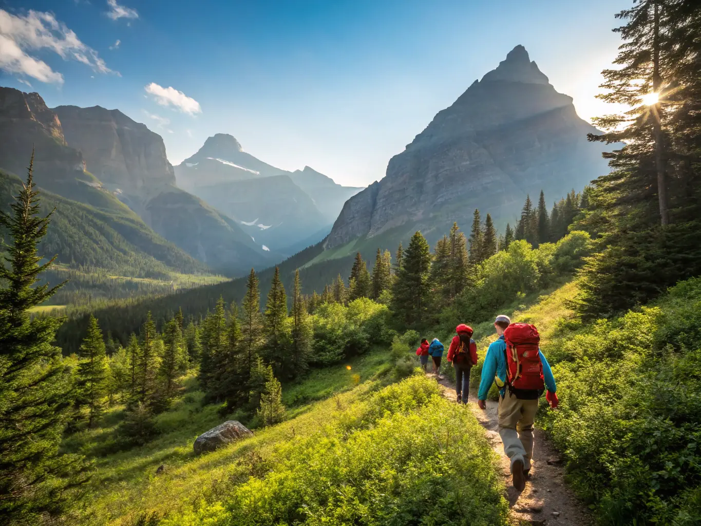 A group of hikers traversing a rocky mountain trail, with backpacks and hiking poles, under a clear blue sky. The image should convey a sense of adventure and camaraderie.