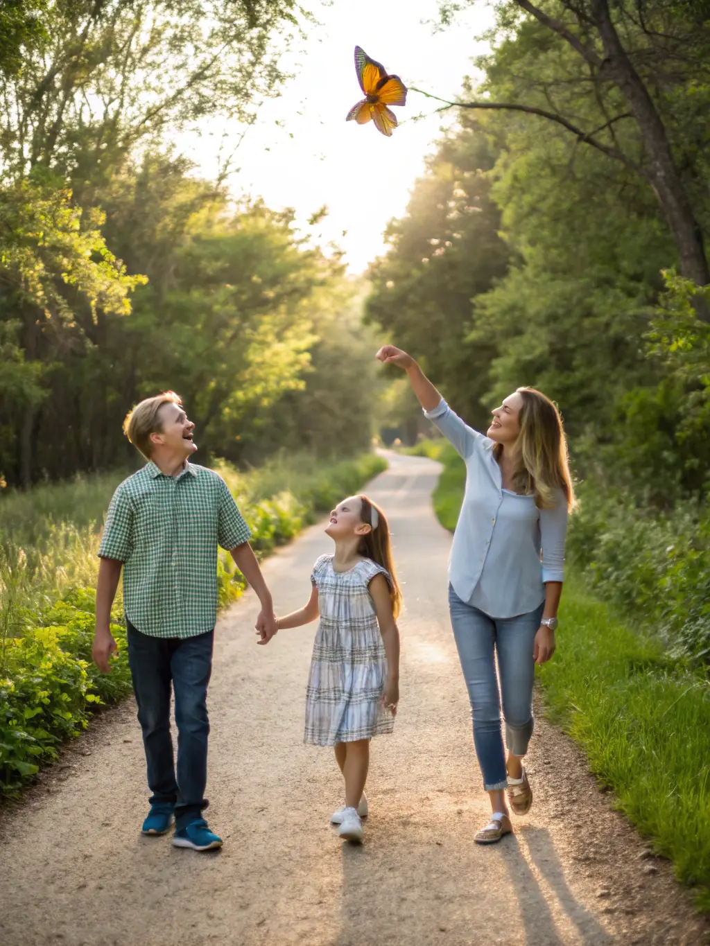 A heartwarming photo of a family hiking together on a well-maintained trail, promoting the family-friendly aspect of RANDO' ZALBRES's activities.